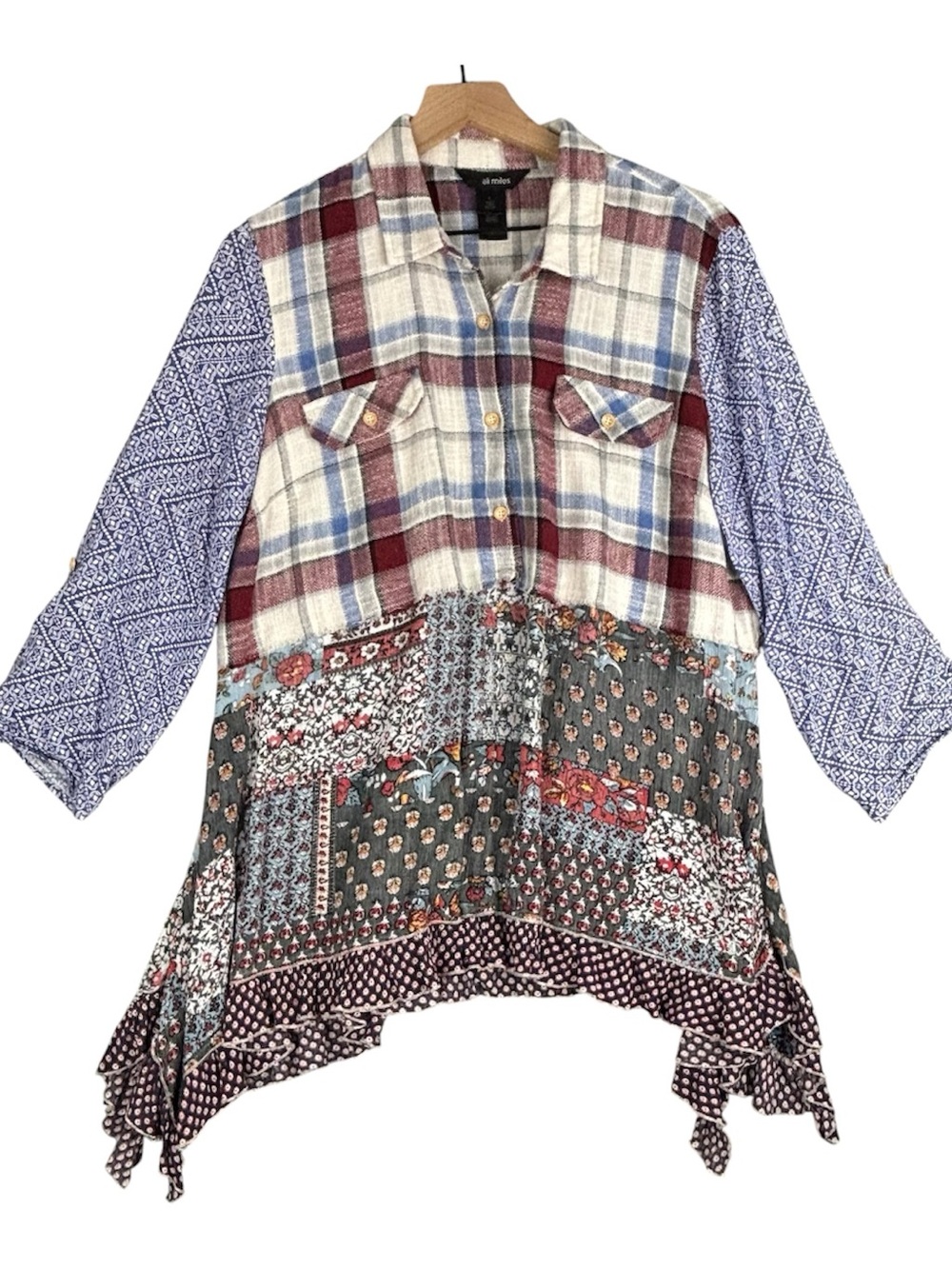 Ali Miles Top Women Large Multi Patchwork Mixed Media Tunic Boho Cottagecore